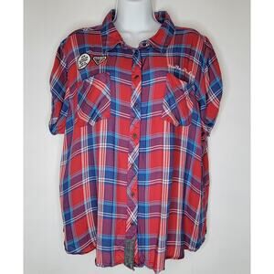 Harley Davidson Red Blue Plaid Short Sleeve Button Front Shirt Women's 2XL